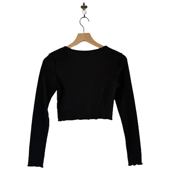 Princess‎ Polly Black Ying Yang Long Sleeve Crop Top Size 6 Ribbed Exposed Seam - Picture 3 of 7